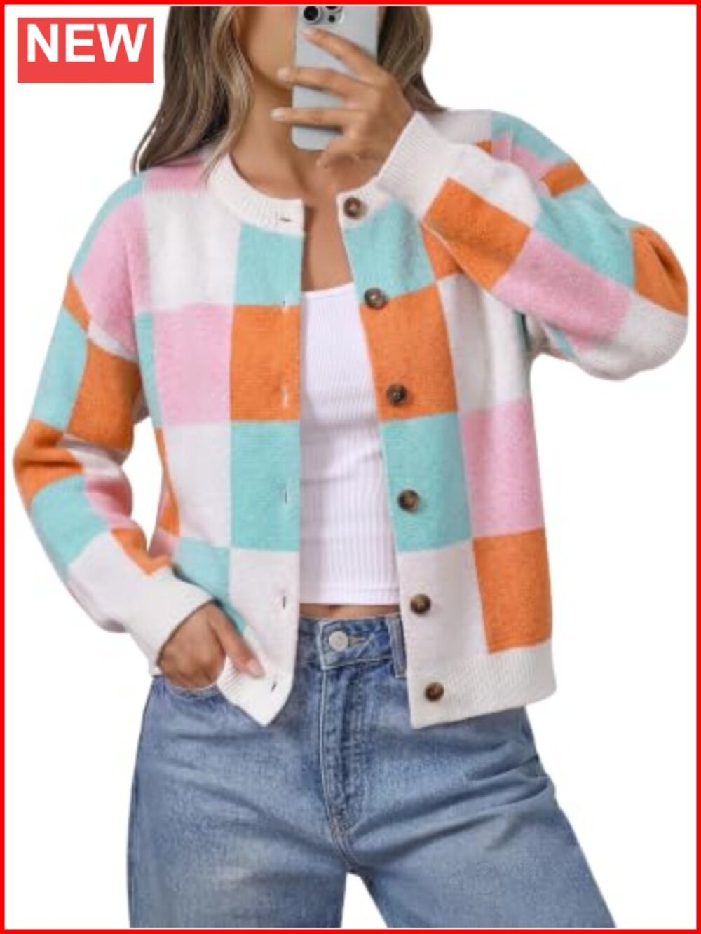 Cropped Color Block Button Down Knit Cardigan